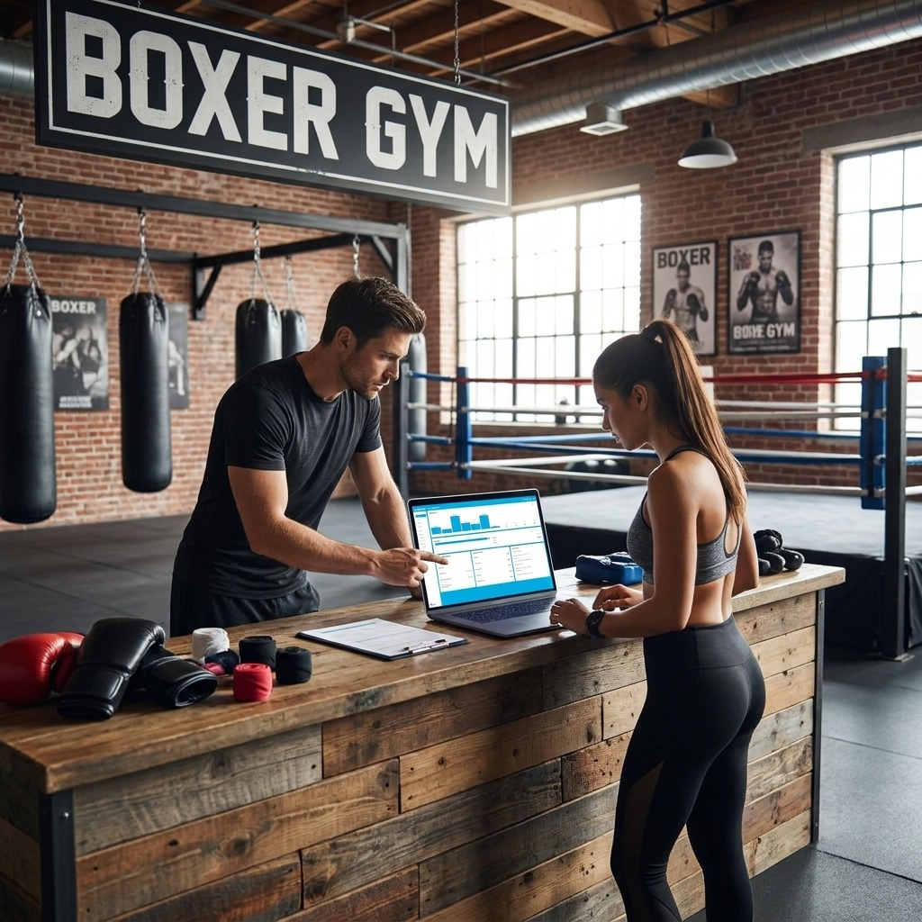 Boxing gym coach helping a member at the front desk